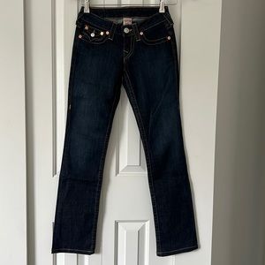 NWOT True Religion straight cut dark blue jeans.